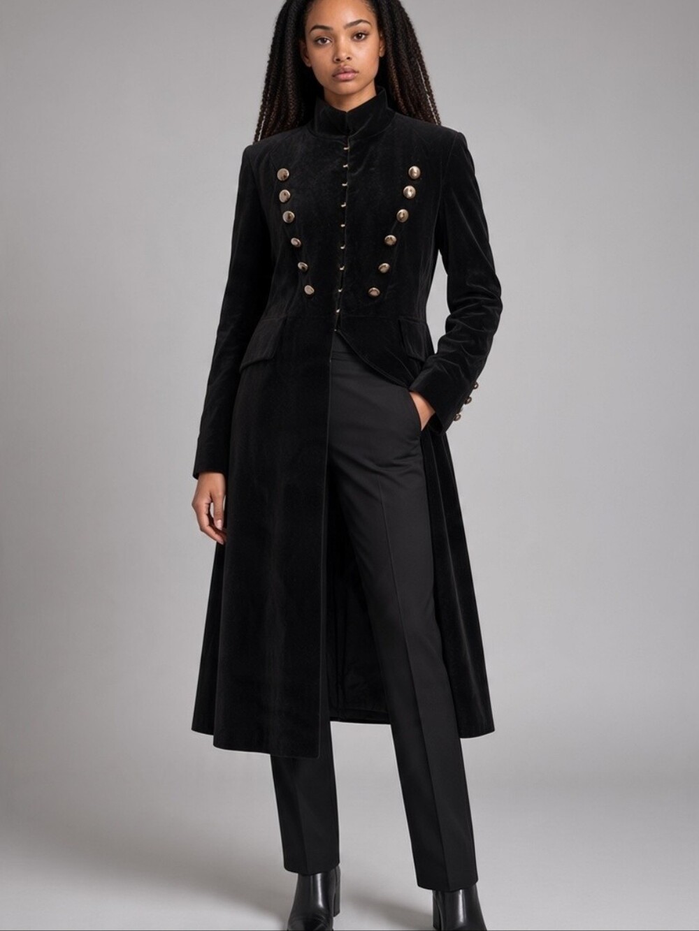 VTG Newport News Black Velvet Military Steampunk Gothic Duster Coat Size 16
